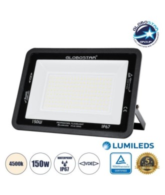 GLOBOSTAR® ATLAS 61429 Προβολέας LED 150W 18000lm 120° AC 220-240V Αδιάβροχο IP67 Φυσικό Λευκό Ματ 4500K - Lumileds SMD Chip - TÜV Rheinland Certified - Μαύρο Ματ - Μ32 x Π4 x Υ23cm - 5 Χρόνια Εγγύηση